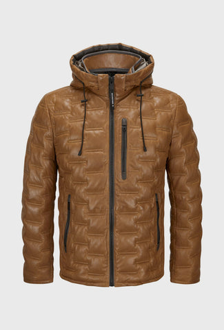 Cognac Quilted Leather Jacket with a Hood