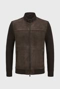 Brown Leather and Knit Jacket with a Stand Collar