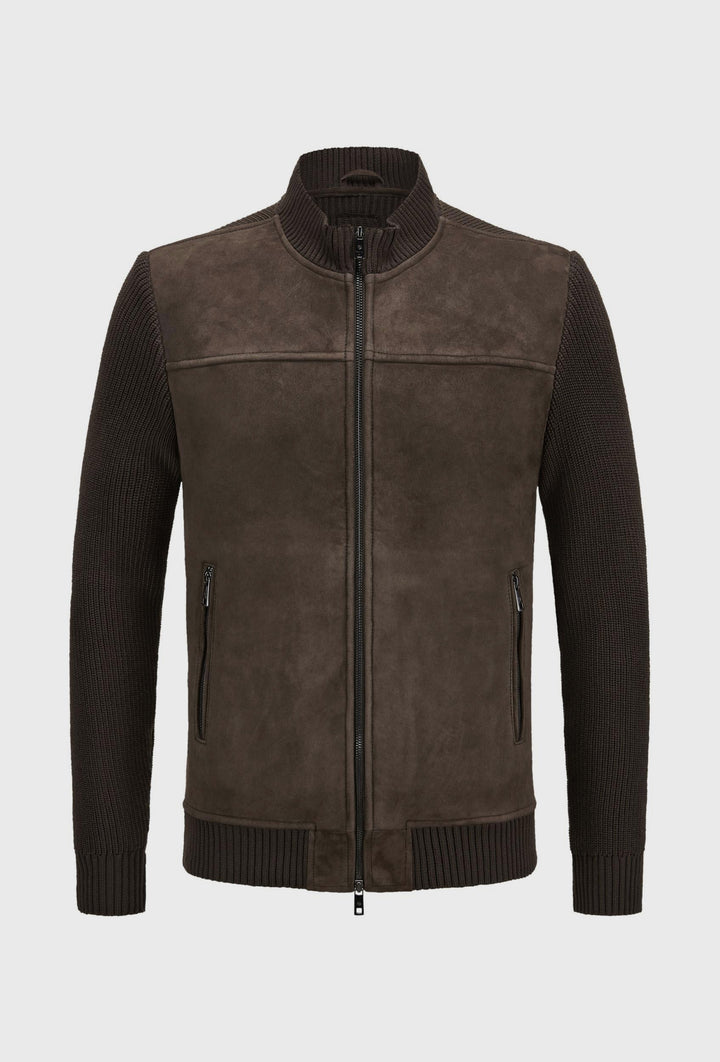 Brown Leather and Knit Jacket with a Stand Collar