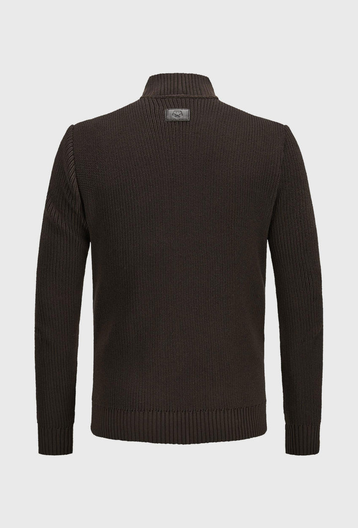 Brown Leather and Knit Jacket with a Stand Collar