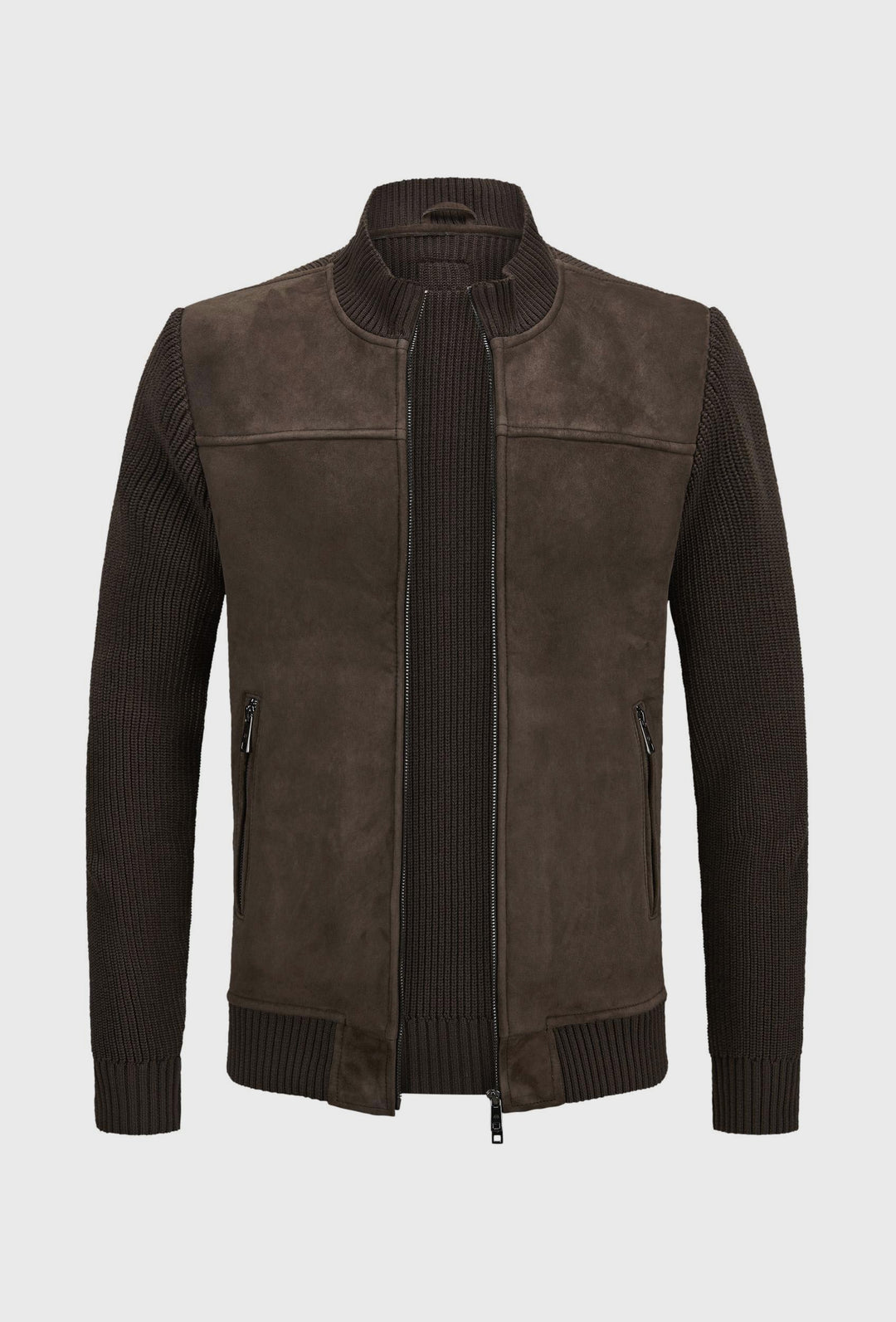 Brown Leather and Knit Jacket with a Stand Collar