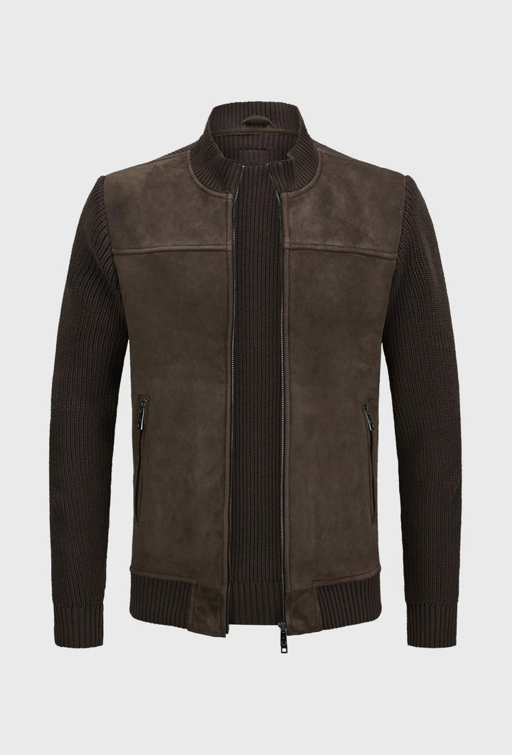 Brown Leather and Knit Jacket with a Stand Collar