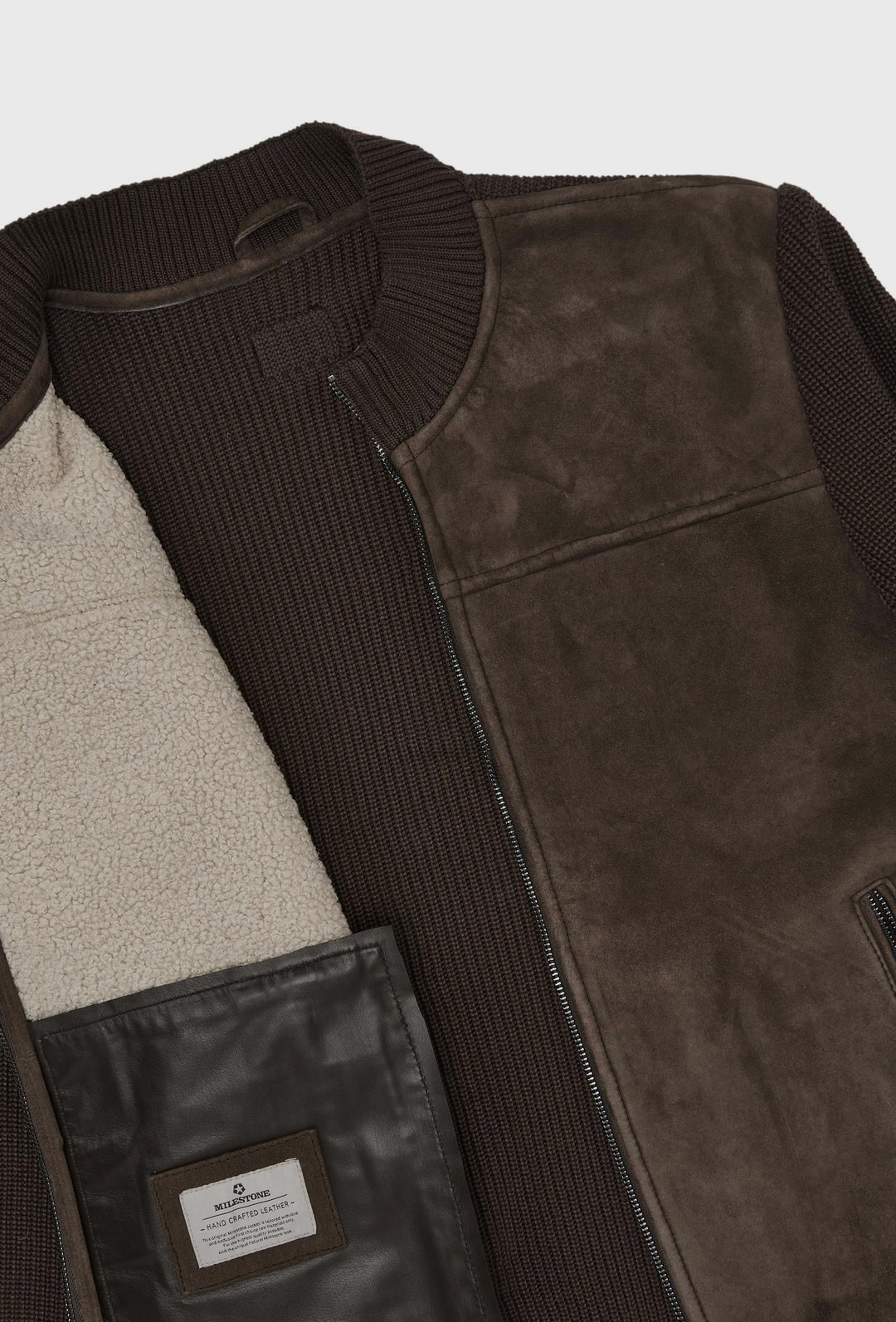 Brown Leather and Knit Jacket with a Stand Collar