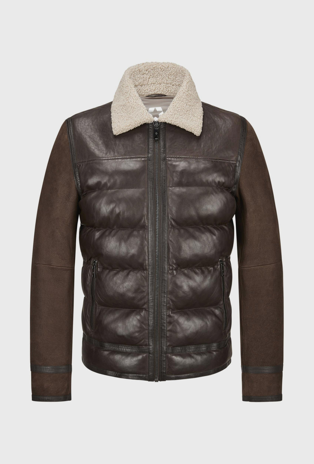 Braune gesteppte Lederjacke mit Lammfellkragen