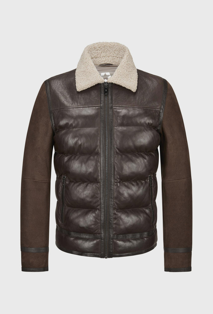 Braune gesteppte Lederjacke mit Lammfellkragen