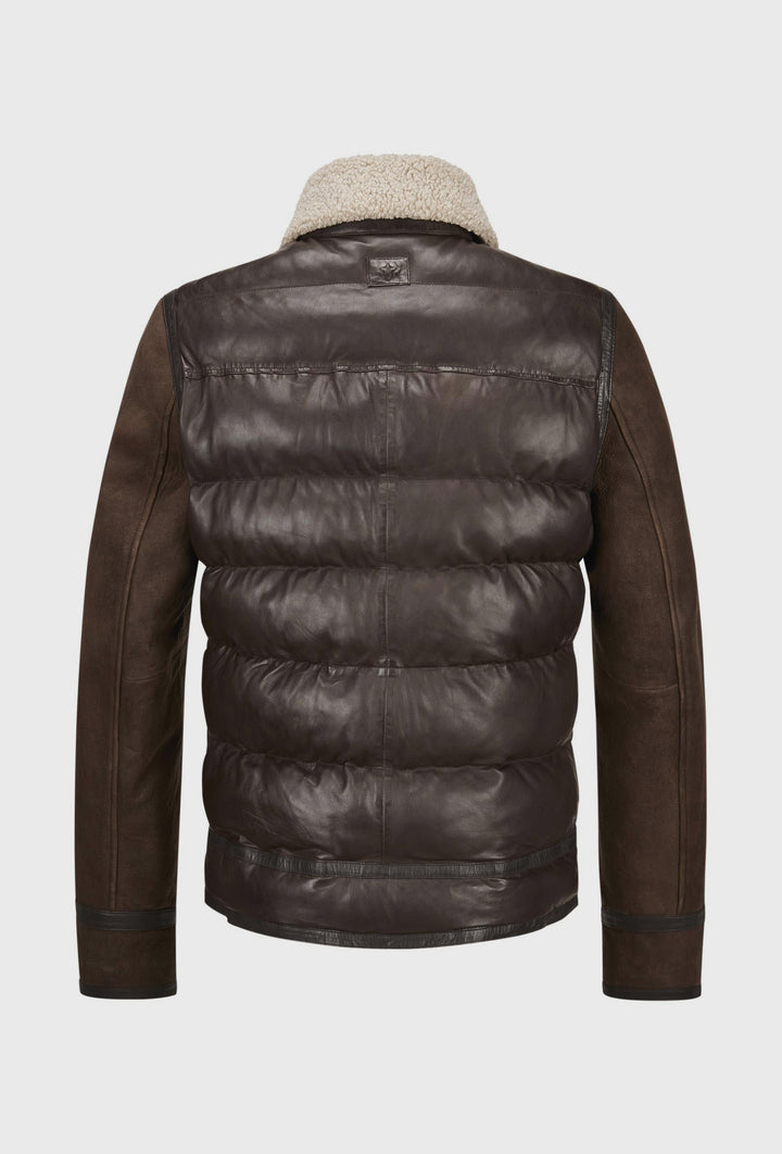 Braune gesteppte Lederjacke mit Lammfellkragen
