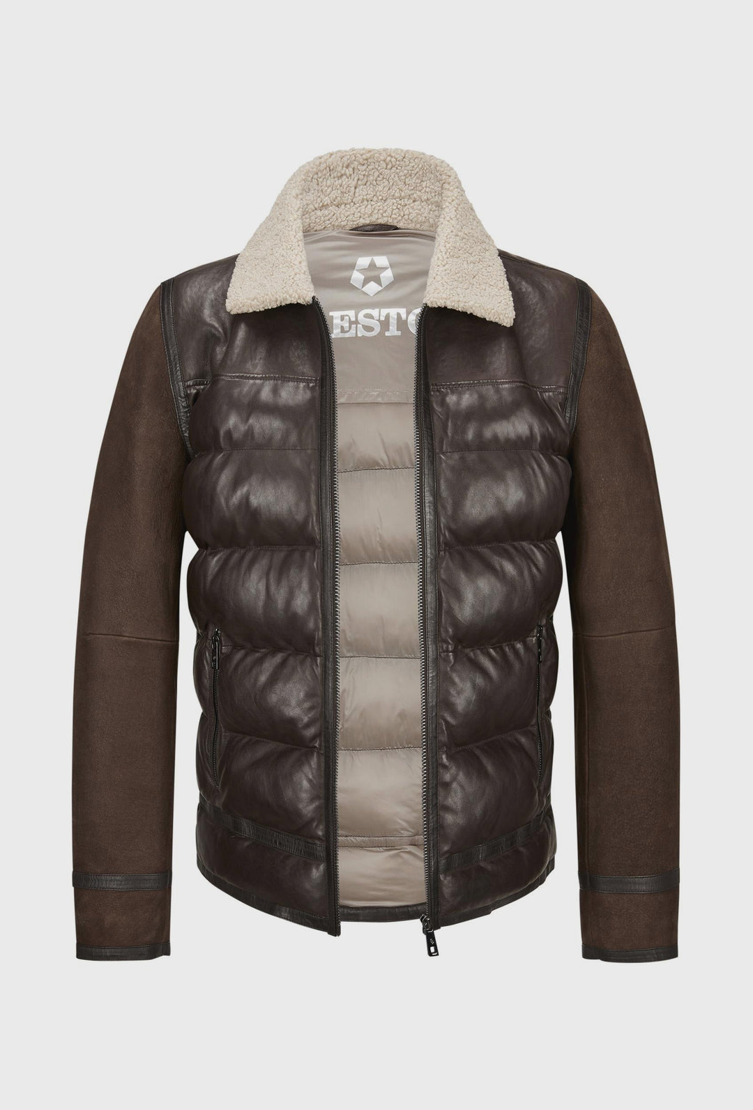 Braune gesteppte Lederjacke mit Lammfellkragen