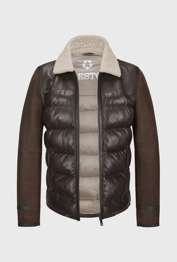 Braune gesteppte Lederjacke mit Lammfellkragen