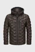 Herren-Lederjacke mit Steppung und Kapuze – Braun