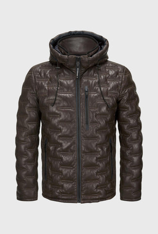 Men's Quilted Leather Jacket with a Hood - Brown
