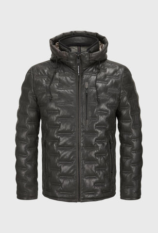 Men's Quilted Leather Jacket with a Hood