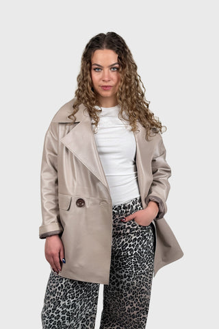 Short Leather Women's Blazer in Beige