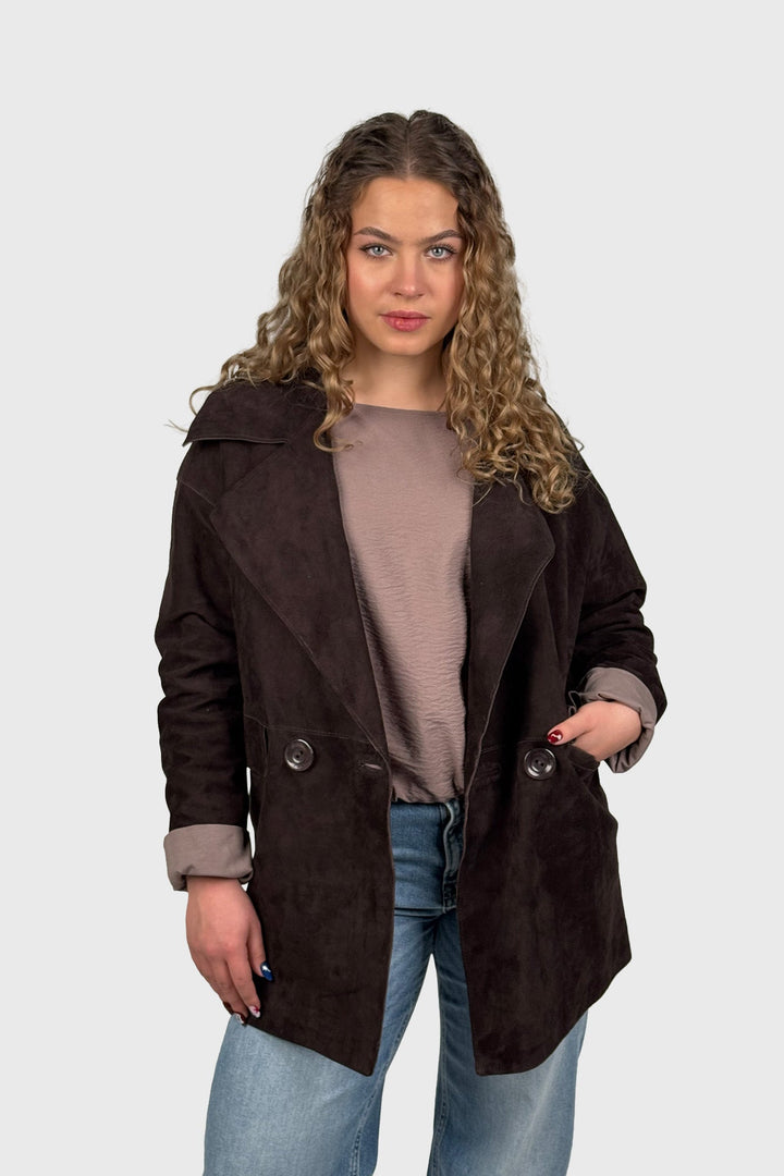 Kurzer Damenmantel aus Wildleder in Schokobraun